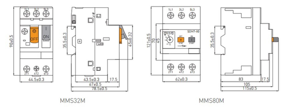 Габариты автомата защиты двигателя ESQ MMS-32M, MMS-80M